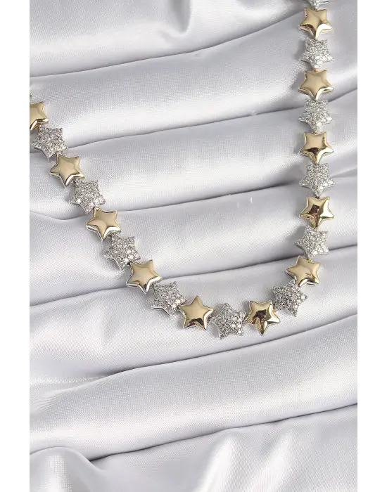 Pirinç Mix  Zirkon Taşlı Yıldız Model VIP Exclusive Seri  Çelik Kolye