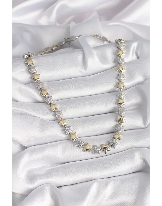 Pirinç Mix  Zirkon Taşlı Yıldız Model VIP Exclusive Seri  Çelik Kolye