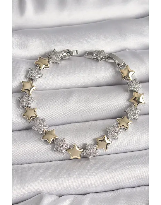 Pirinç Mix Renk Zirkon Taşlı Yıldız Model VIP Seri Kadın Bileklik