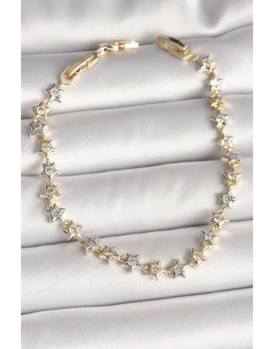 Pirinç Mix Renk Zirkon Taşlı Yıldız Model VIP Seri Kadın Bileklik