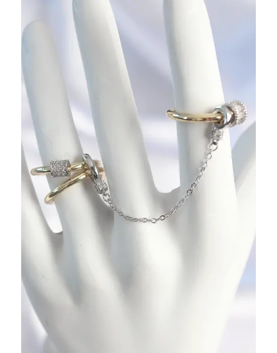 Pirinç Mix Renk Zirkon Taşlı Zincir Kadın Yüzük Seti