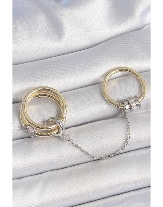 Pirinç Mix Renk Zirkon Taşlı Zincir Kadın Yüzük Seti