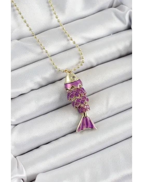 Pirinç Mor Balık Model Zirkon Taşlı Gold Renk Kadın Kolye