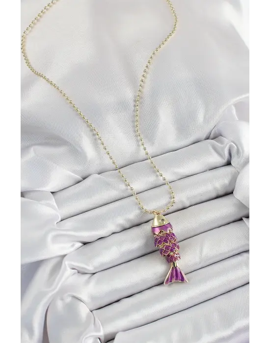 Pirinç Mor Balık Model Zirkon Taşlı Gold Renk Kadın Kolye