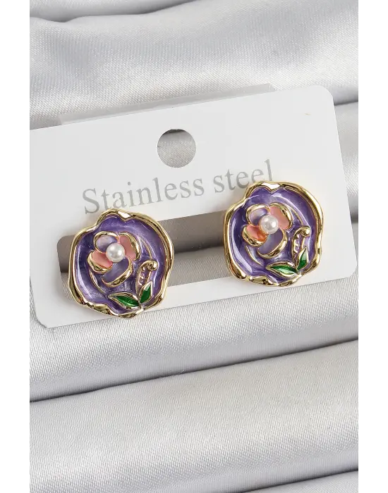 Pirinç Mor Mineli Çiçek Figürlü Sanatsal Portre Model Gold Renk Kadın Küpe