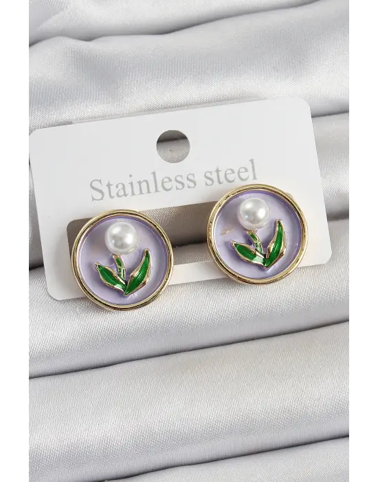 Pirinç Mor Mineli Lale Figürlü Sanatsal Portre Model Gold Renk Kadın Küpe