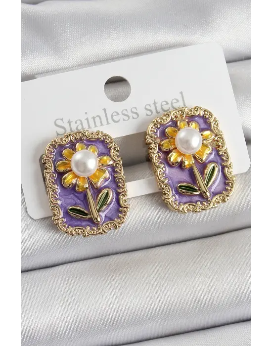 Pirinç Mor Mineli Papatya Figürlü Sanatsal Portre Model Gold Renk Kadın Küpe