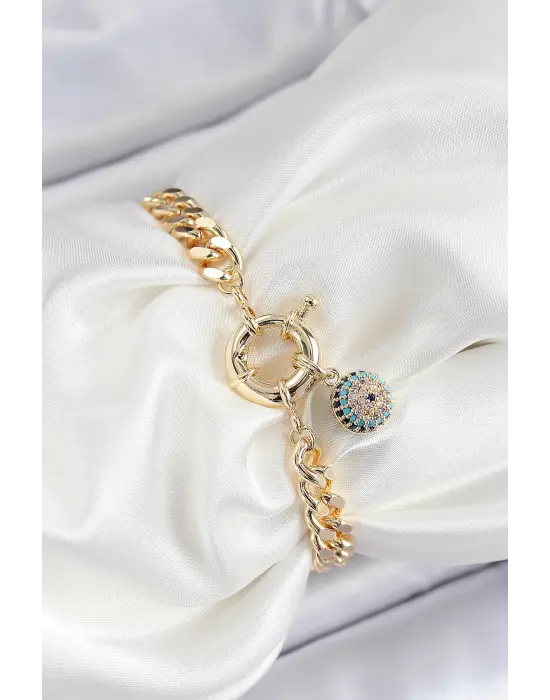 Pirinç Nazar Model Zirkon Taşlı Gold Renk VİP Seri Kadın Bileklik