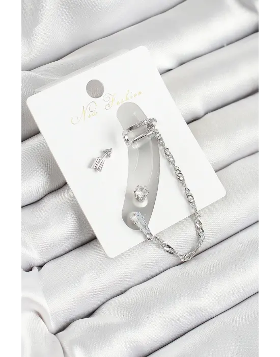 Pirinç Ok Figürlü Zirkon Taşlı Gümüş Renk 3lü Kıkırdak Kadın Küpe Set