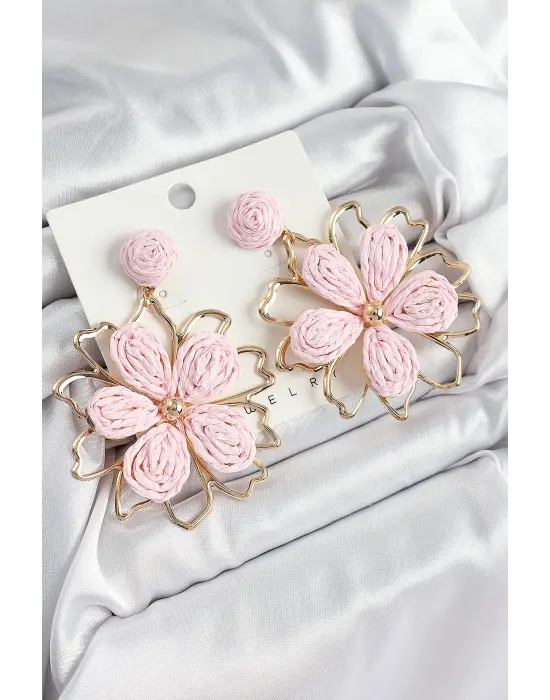 Pirinç Pembe Çiçek Model Gold Renk Kadın Hasır Küpe