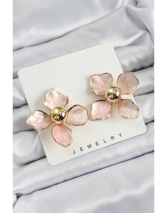 Pirinç Pembe Çiçek Vintage Model Gold Renk Kadın Küpe
