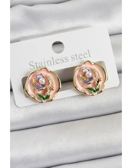 Pirinç Pembe Mineli Çiçek Figürlü Sanatsal Portre Model Gold Renk Kadın Küpe