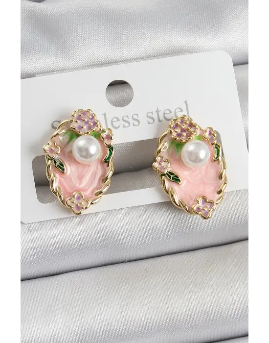 Pirinç Pembe Mineli İnci Detaylı Sanatsal Portre Model Gold Renk Kadın Küpe