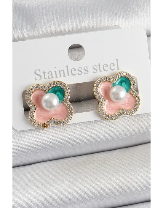 Pirinç Pembe Mineli İnci Detaylı Zirkon Taşlı Sanatsal Portre Yonca Model Gold Renk Kadın Küpe