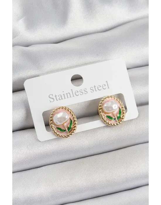 Pirinç Pembe Mineli Lale Figürlü Sanatsal Portre Model Gold Renk Kadın Küpe