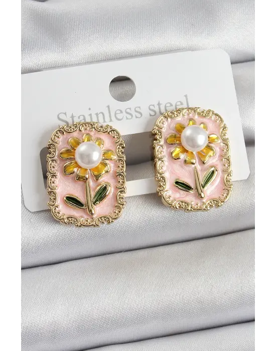 Pirinç Pembe Mineli Papatya Figürlü Sanatsal Portre Model Gold Renk Kadın Küpe