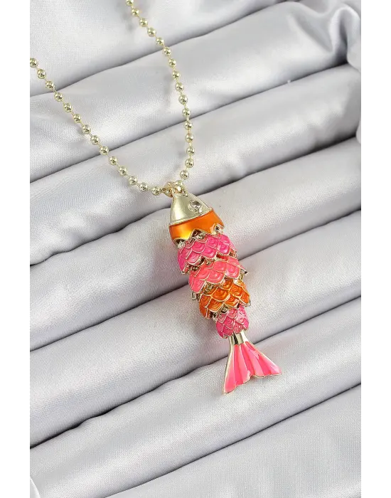 Pirinç Pembe Ve Turuncu Balık Model Zirkon Taşlı Gold Renk Kadın Kolye