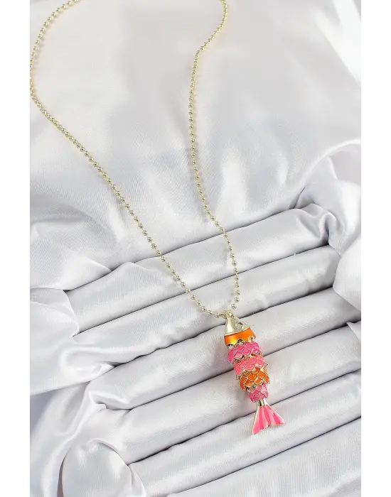Pirinç Pembe Ve Turuncu Balık Model Zirkon Taşlı Gold Renk Kadın Kolye