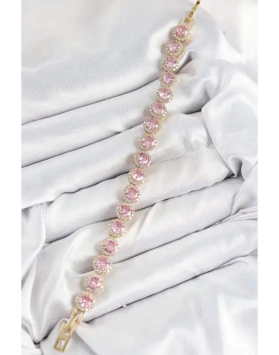 Pirinç Pembe Zirkon Taşlı Daire Baget Model Gold Renk VIP Seri Kadın Bileklik