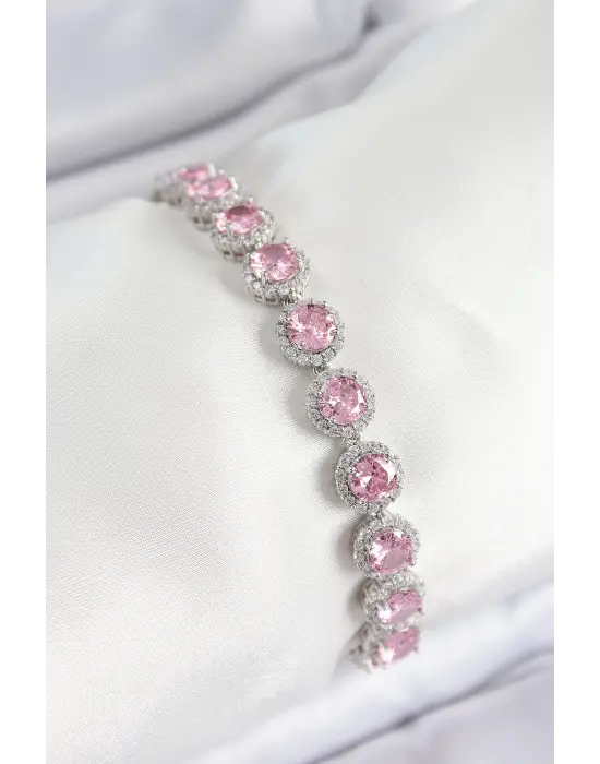 Pirinç Pembe Zirkon Taşlı Daire Baget Model Gümüş Renk VIP Seri Kadın Bileklik