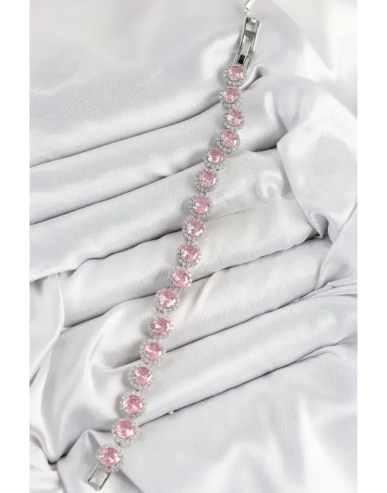 Pirinç Pembe Zirkon Taşlı Daire Baget Model Gümüş Renk VIP Seri Kadın Bileklik