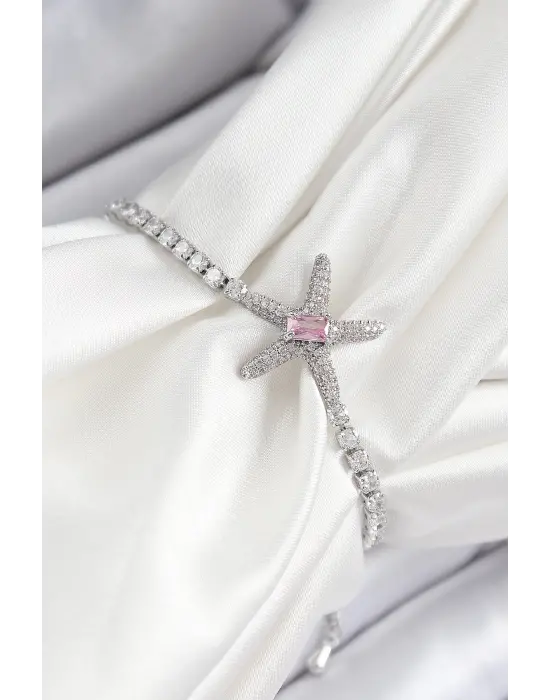 Pirinç Pembe Zirkon Taşlı Deniz Yıldızı Model Gümüş Renk Asansörlü Kadın Bileklik