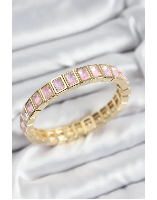 Pirinç Pembe Zirkon Taşlı Dikdörtgen Model Gold Renk Lastikli Kadın Bileklik