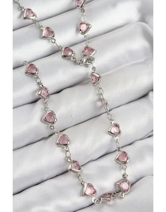 Pirinç Pembe Zirkon Taşlı Kalp Model Gümüş Renk Kadın Y Kolye