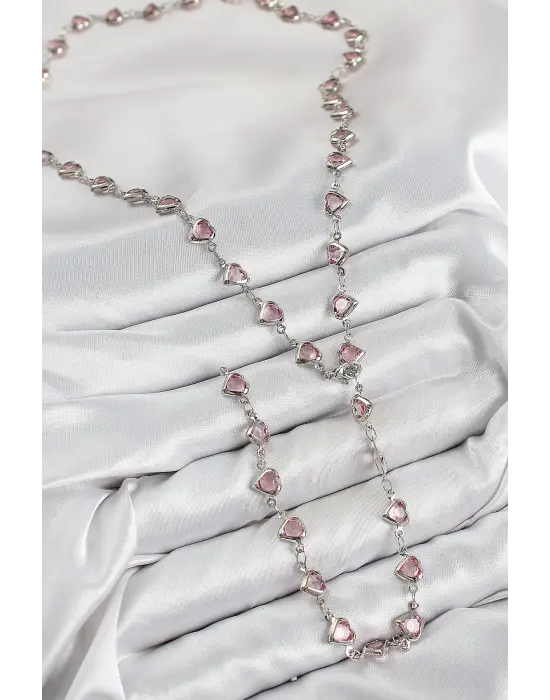 Pirinç Pembe Zirkon Taşlı Kalp Model Gümüş Renk Kadın Y Kolye