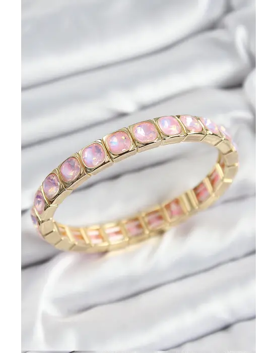 Pirinç Pembe Zirkon Taşlı Kare Model Gold Renk Lastikli Kadın Bileklik