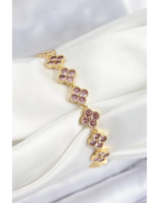Pirinç Pembe Zirkon Taşlı Yonca Model Gold Renk VIP Seri Kadın Bileklik
