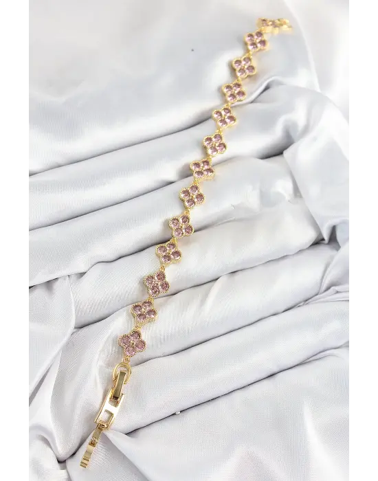 Pirinç Pembe Zirkon Taşlı Yonca Model Gold Renk VIP Seri Kadın Bileklik
