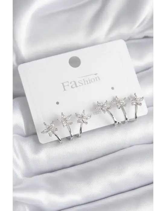   Gümüş Zirkon Taşlı Çiçek Model Çelik Küpe