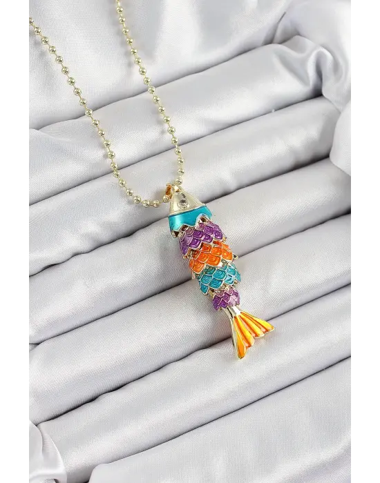 Pirinç Rainbow Balık Model Zirkon Taşlı Gold Renk Kadın Kolye