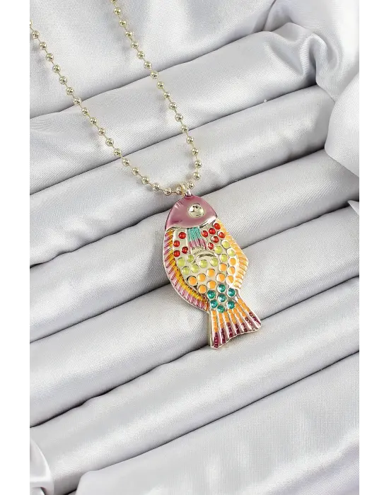 Pirinç Rainbow Balık Model Zirkon Taşlı Gold Renk Kadın Kolye