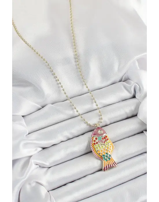Pirinç Rainbow Balık Model Zirkon Taşlı Gold Renk Kadın Kolye