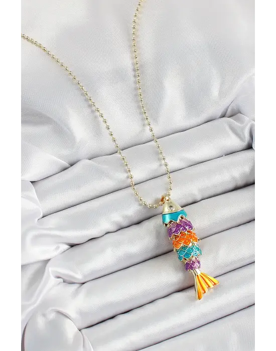 Pirinç Rainbow Balık Model Zirkon Taşlı Gold Renk Kadın Kolye