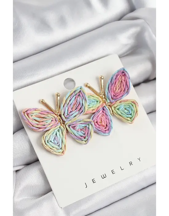 Pirinç Rainbow Kelebek Model Gold Renk Kadın Hasır Küpe