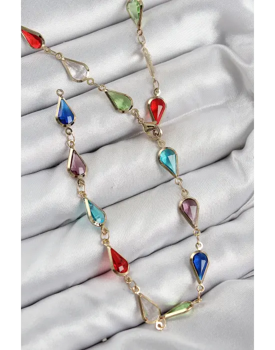 Pirinç Renkli Zirkon Taşlı Damla Model Gold Renk Kadın Y Kolye