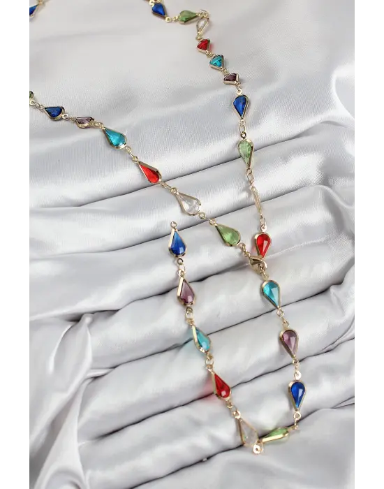 Pirinç Renkli Zirkon Taşlı Damla Model Gold Renk Kadın Y Kolye