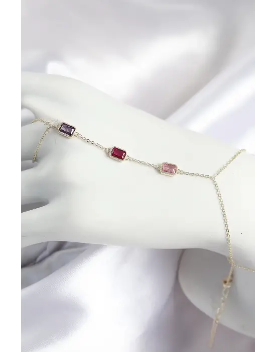 Pirinç Renkli Zirkon Taşlı Dikdörtgen Model Gold Renk Kadın Şahmeran