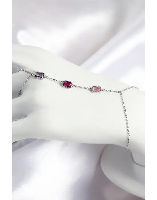 Pirinç Renkli Zirkon Taşlı Dikdörtgen Model Gümüş Renk Kadın Şahmeran