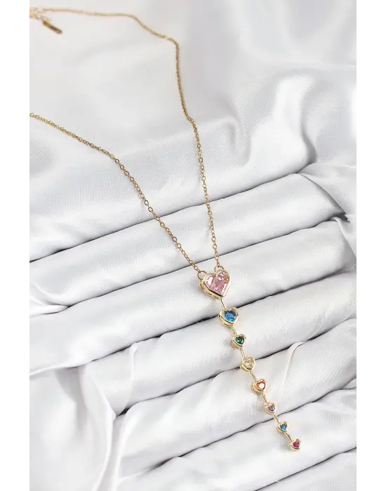 Pirinç Renkli Zirkon Taşlı Kalp Model Gold Renk Kadın Y Kolye
