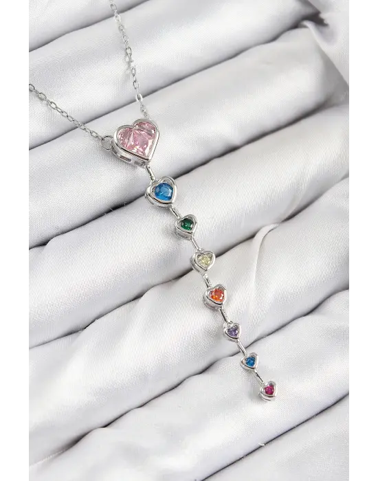 Pirinç Renkli Zirkon Taşlı Kalp Model Gümüş Renk Kadın Y Kolye