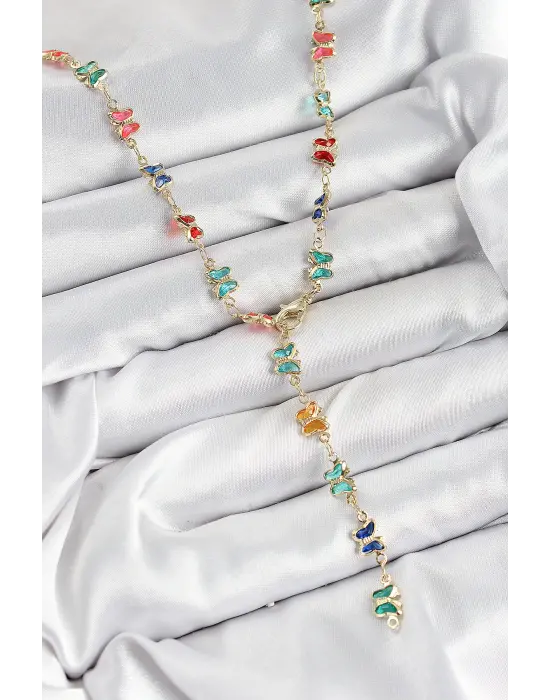 Pirinç Renkli Zirkon Taşlı Kelebek Model Gold Renk Kadın Y Kolye