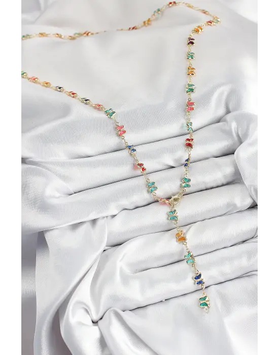 Pirinç Renkli Zirkon Taşlı Kelebek Model Gold Renk Kadın Y Kolye