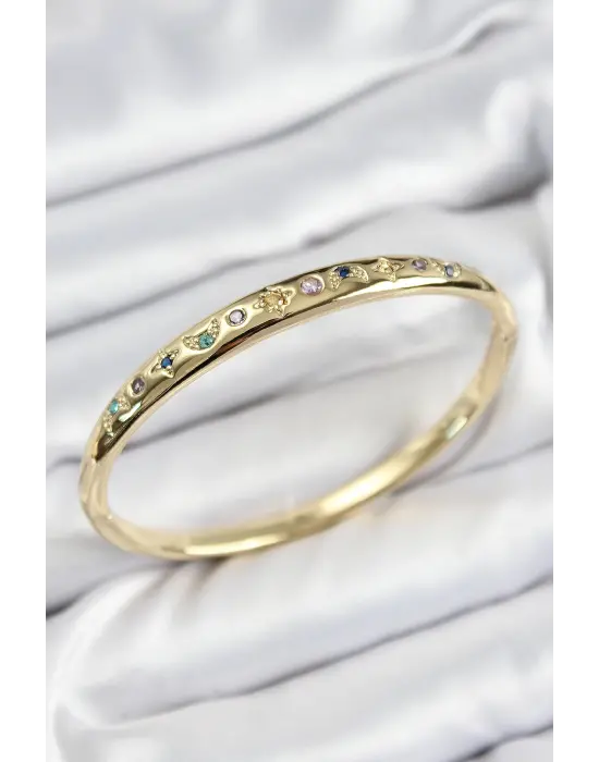 Pirinç Renkli Zirkon Taşlı Kutup Yıldızı Ve Hilal Model Gold Renk Kadın Kelepçe