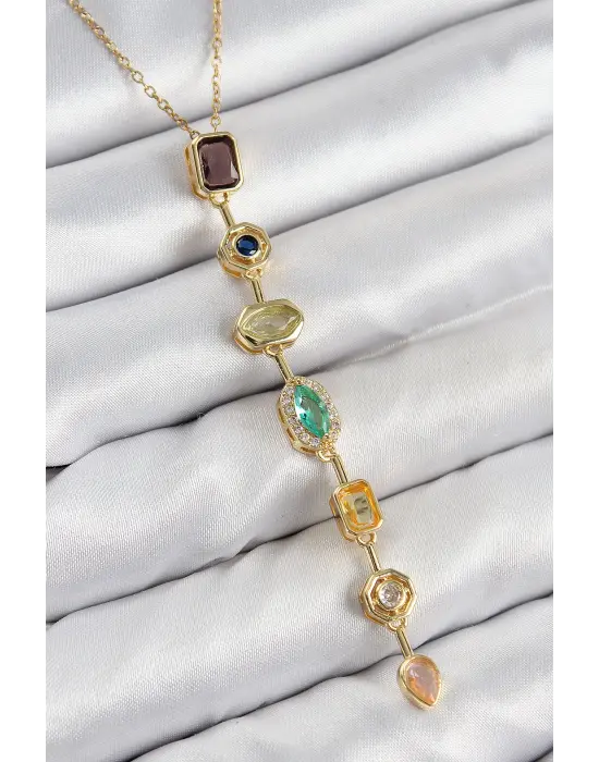 Pirinç Renkli Zirkon Taşlı Model Gold Renk Kadın Y Kolye