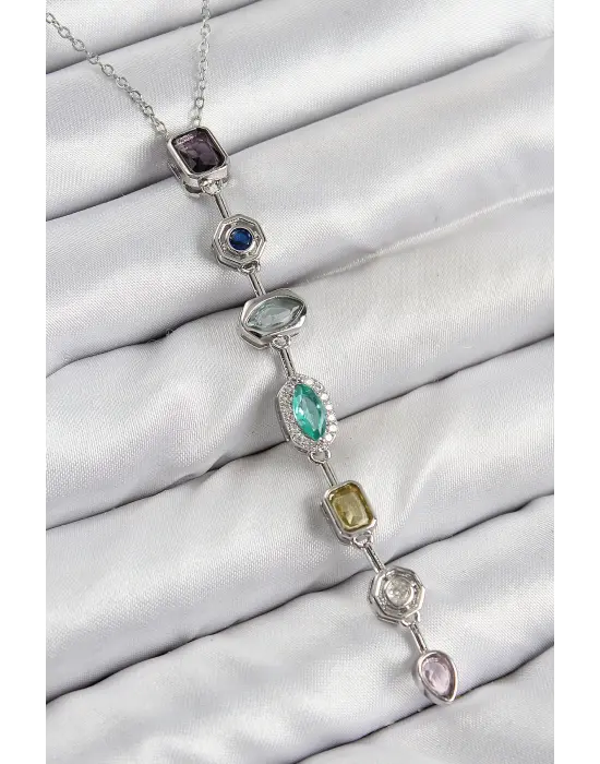 Pirinç Renkli Zirkon Taşlı Model Gümüş Renk Kadın Y Kolye