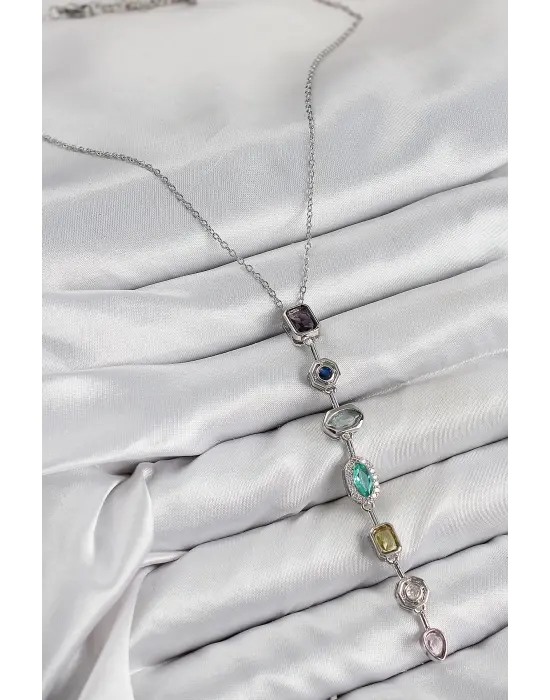 Pirinç Renkli Zirkon Taşlı Model Gümüş Renk Kadın Y Kolye